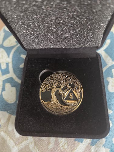 Reviewer's gold-plated 5 Year Sobriety Medallion with a Tree of Life design, presented in its black velvet case.