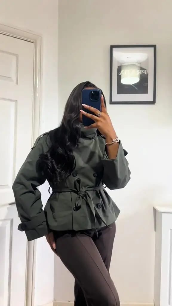 Customer photo review of Kiarra Stand Collar Crop Trenchcoat