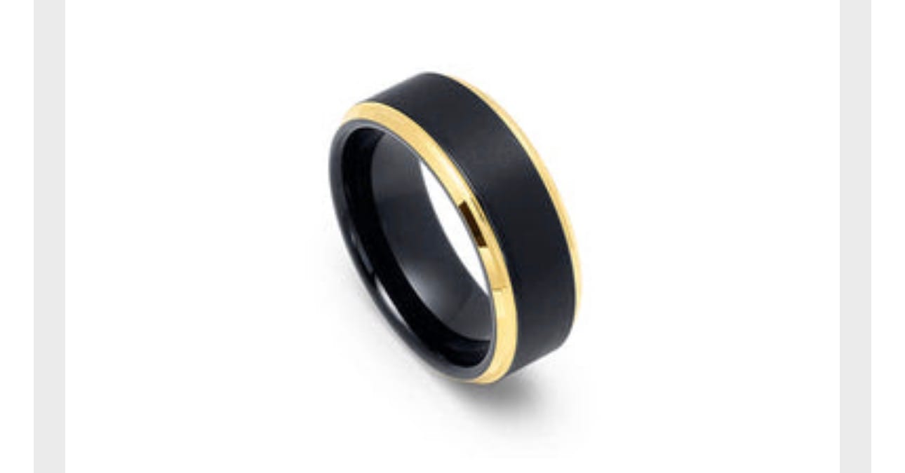 Customer photo review of 8mm - Tungsten Black & Gold Wedding Band, Stepped Edges, Brushed Ring
