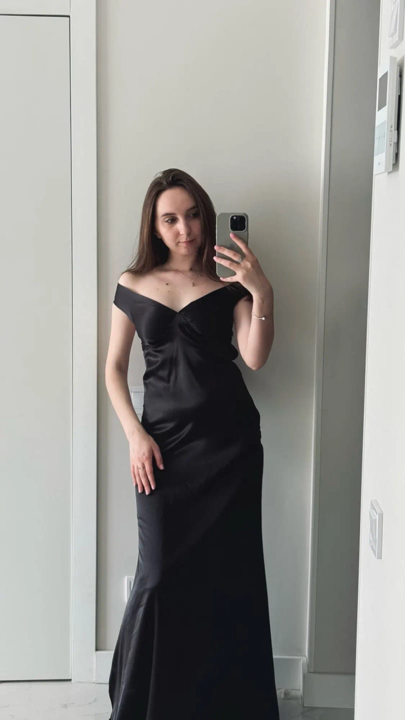 Customer photo review of Katelyn Satin Off the Shoulder Maxi Dress