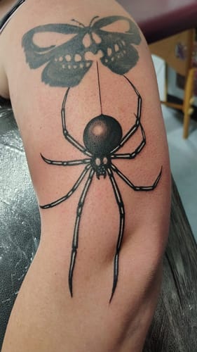 Customer's arm showing a new black ink tattoo of a spider and skull butterfly near the elbow, applied after using the numbing spray.