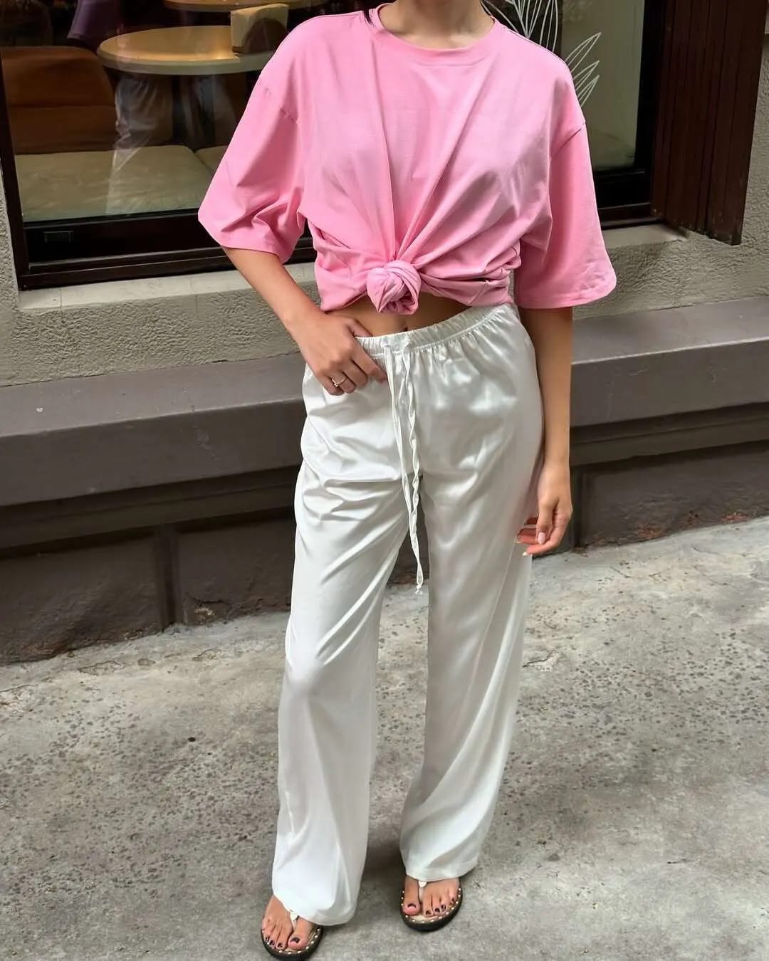 Customer photo review of Henna High Waist Satin Wide Leg Trousers