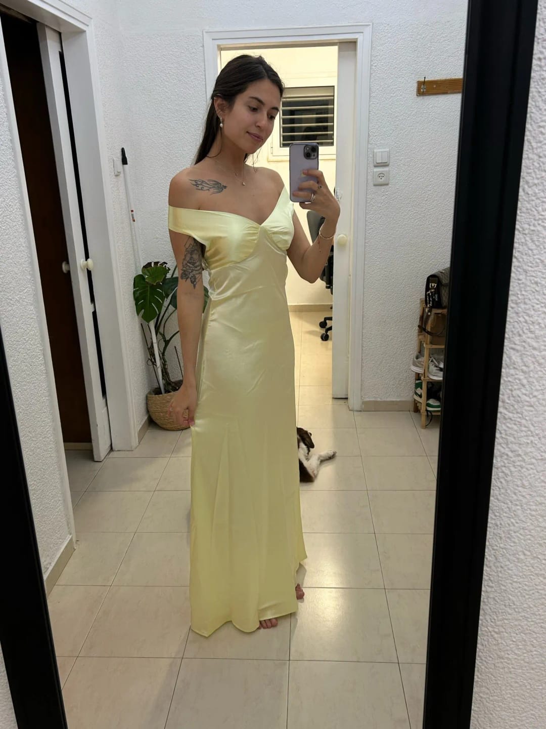 Customer photo review of Katelyn Satin Off the Shoulder Maxi Dress