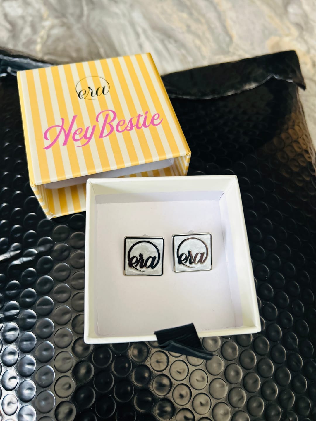 Customer photo review of Silver Pearl Square Earrings