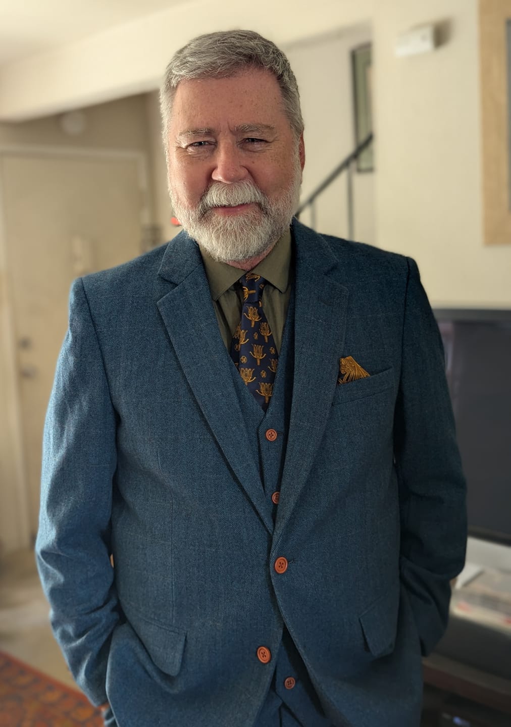 Customer photo review of Blue Herringbone Tweed 3 Piece Suit