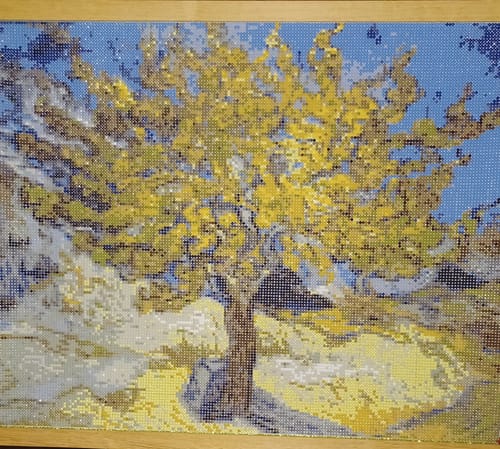 Customer's completed 'The Mulberry Tree in Autumn' diamond painting, showing the vibrant, textured artwork in a frame.