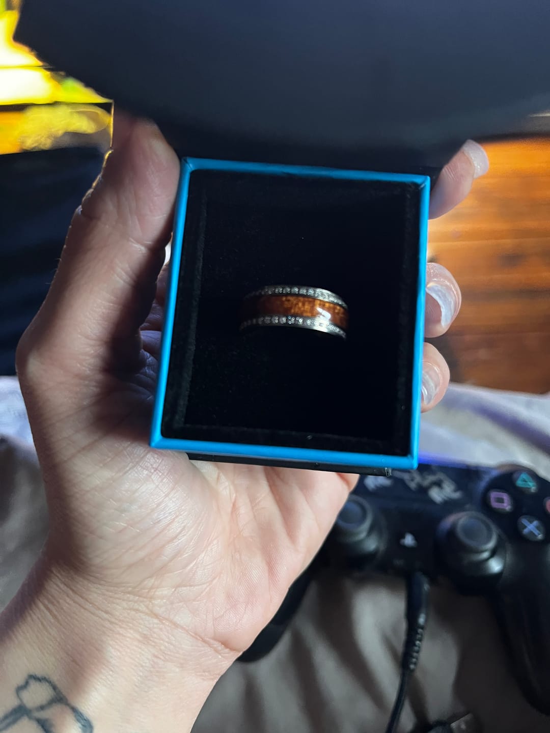 Customer photo review of 8mm - Mens Titanium Wedding Band W/ Koa wood and diamonds