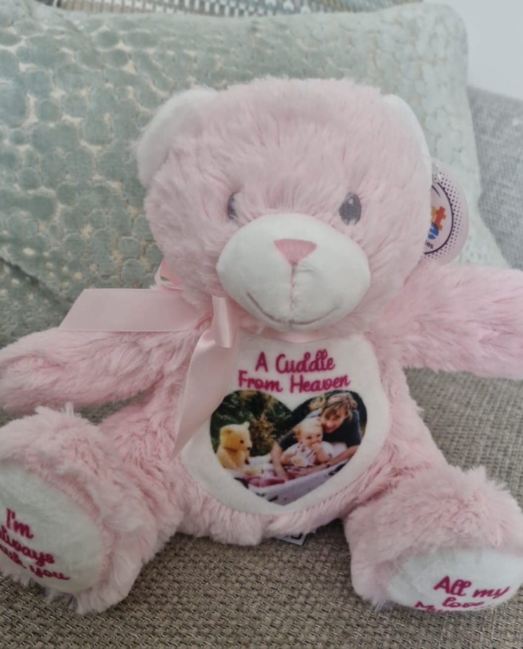 Customer photo review of A Cuddle from Heaven Personalised Photo Teddy Bear