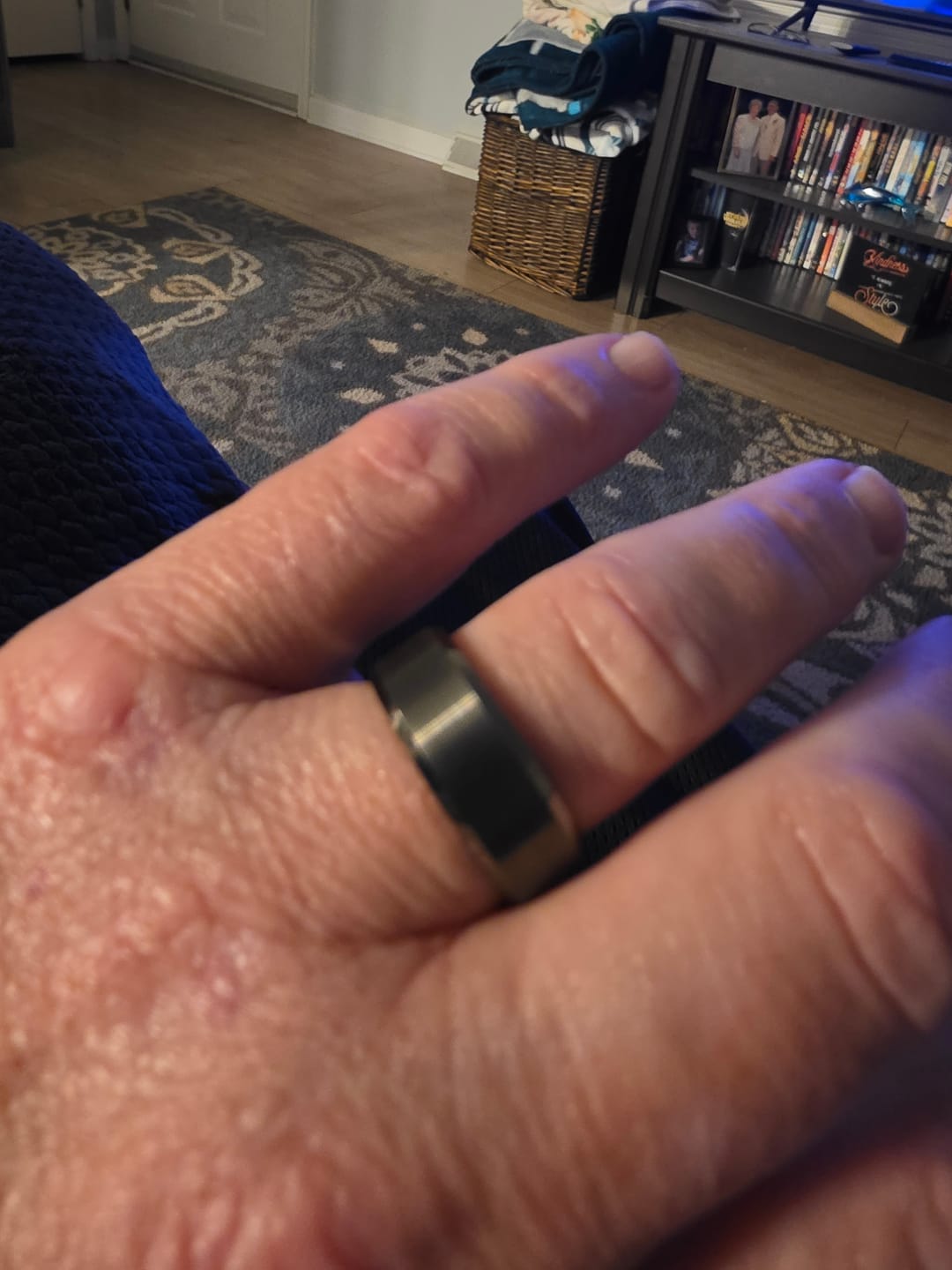 Customer photo review of 8mm GunMetal Tungsten Carbide Wedding Band with Beveled Edges