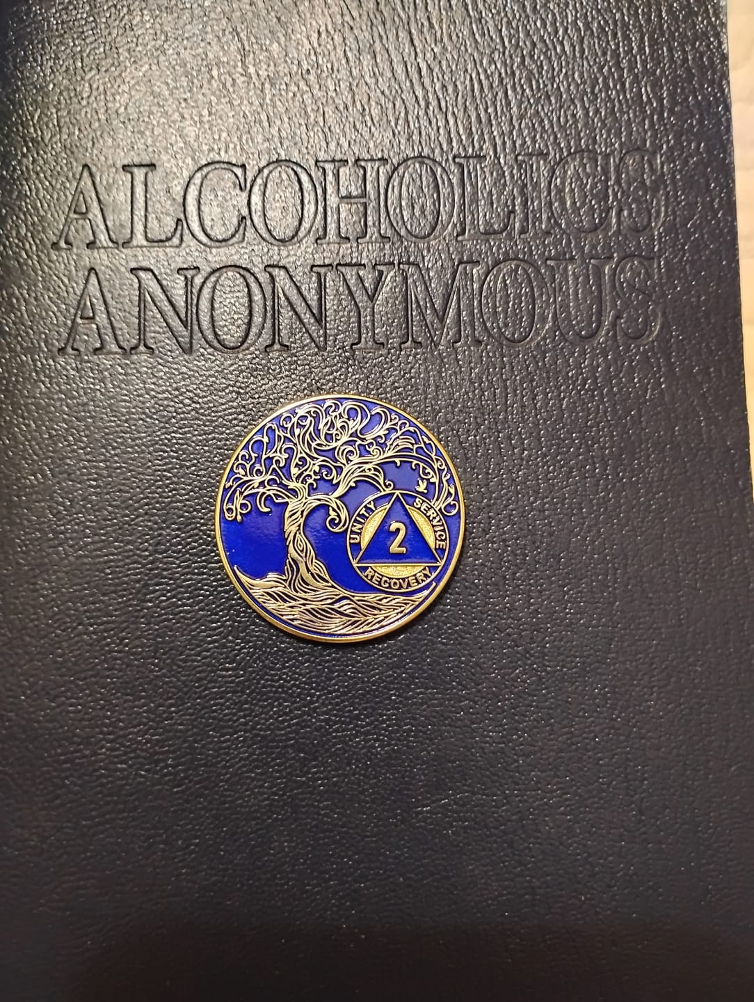 Customer photo review of 1 to 50 Year Sobriety Mint Twisted Tree of Life Gold Plated AA Recovery Medallion/Chip/Coin - Blue