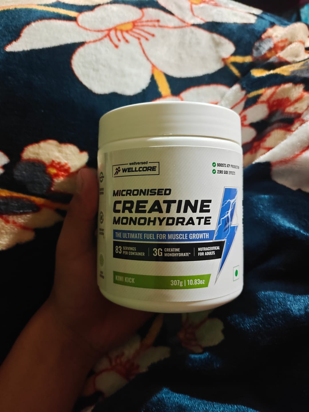 Customer photo review of Wellcore - Micronised Creatine Monohydrate (83 Servings, Kiwi Kick) + Premium Glass Bottle
