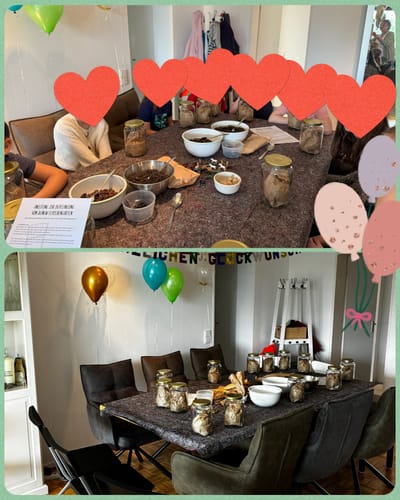 Kundenfoto von einer Kindergeburtstagsfeier, bei der Kinder die Flaschengarten-Sets an einem Tisch basteln.