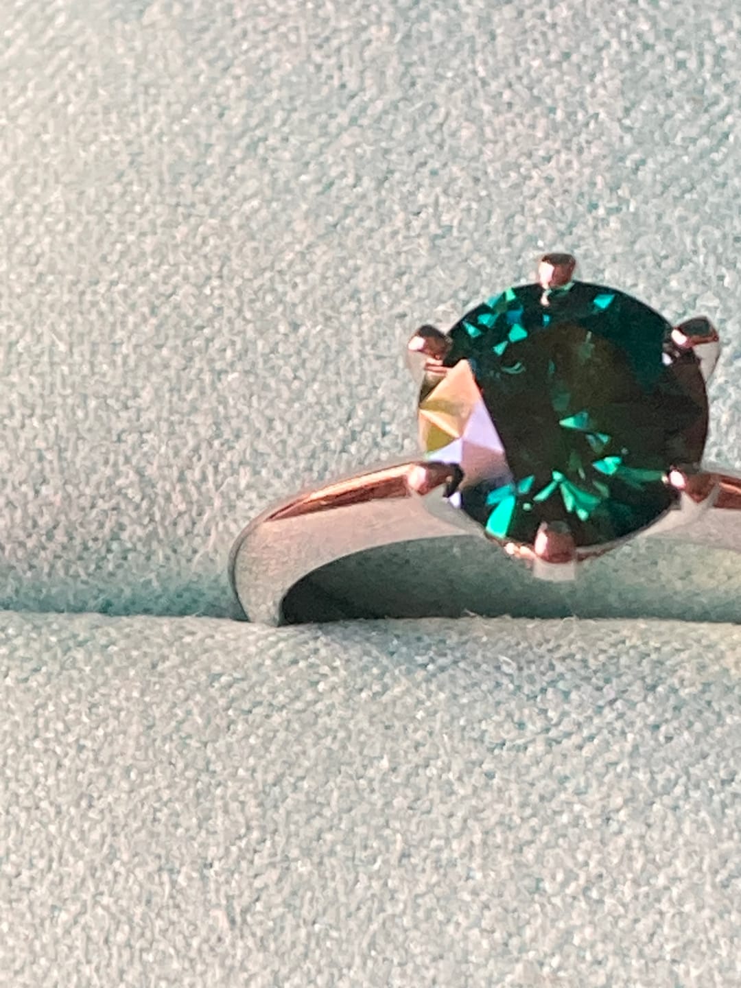 Customer photo review of Solitaire Colored Moissanite Six Prong Engagement Ring