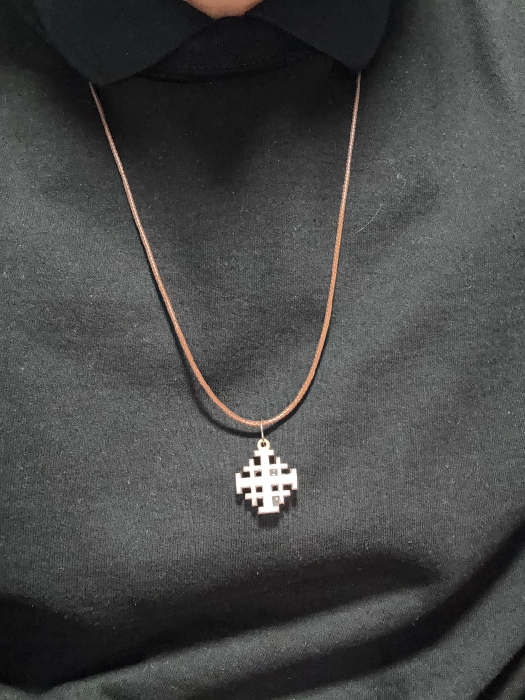 Customer photo review of NEW* Olive Wood with Mother of Pearl Jerusalem Cross Pendant in White