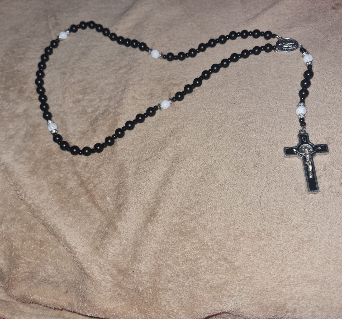 Customer photo review of Christianartworkshop Handcrafted Matte Black Beads Rosary with Silver Crucifix & Miraculous Medal