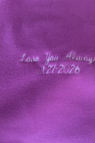 Close-up of a customer's pink fleece T-shirt Quilt with the custom embroidery 'Love You Always 01-27-2026'.