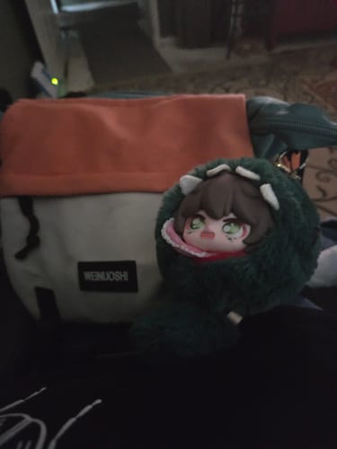 Customer's cute, green Antoo's Mini Paradise plush keychain, a dinosaur character, shown in front of a purse.