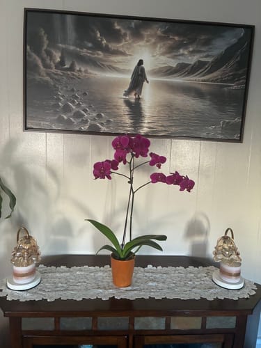 Customer's 'Walking on Water' faith wall art hanging in their home over a sideboard with a purple orchid.