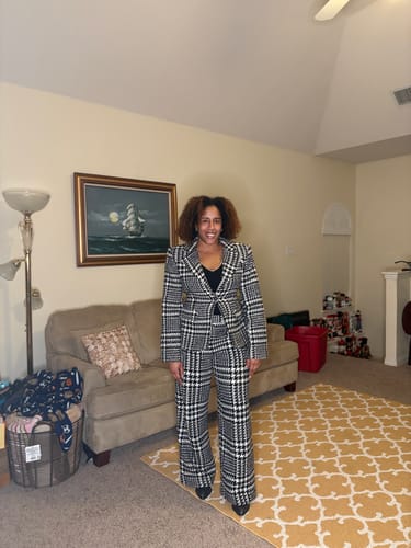 Full-length view of a reviewer wearing the Houndstooth Plaid Suit Blazer and matching wide-leg pants.