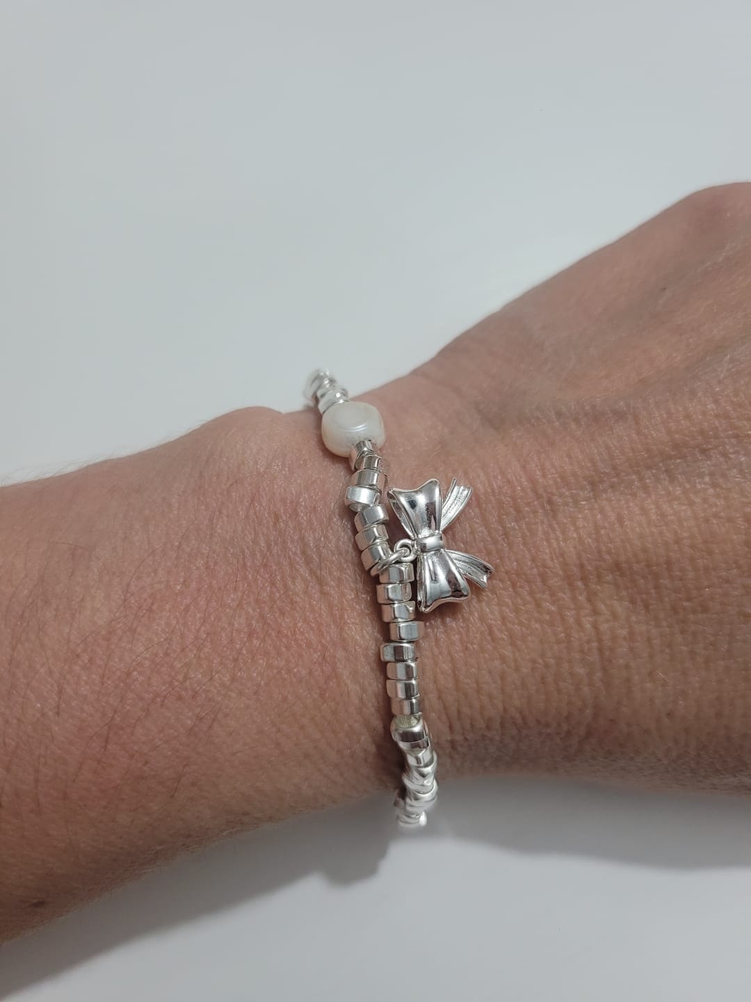 Customer photo review of Sterling Silver Bow & Pearl Bracelet