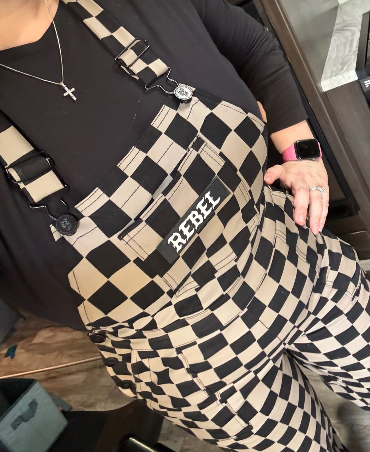 Customer photo review of Women's Overall in Checkered Black + Taupe (PREORDER)