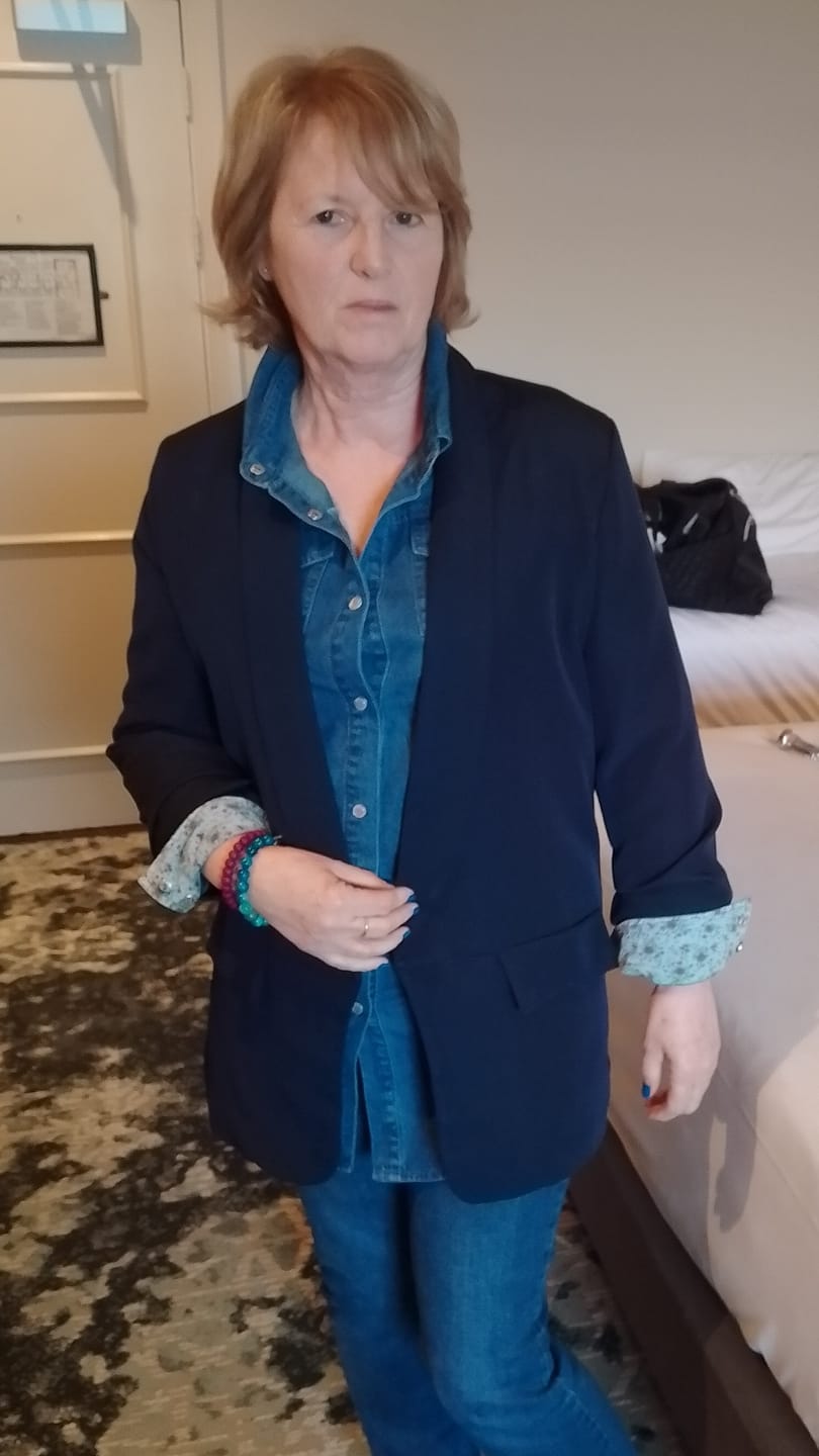 Customer photo review of Merrill Navy Gathered Sleeve Blazer