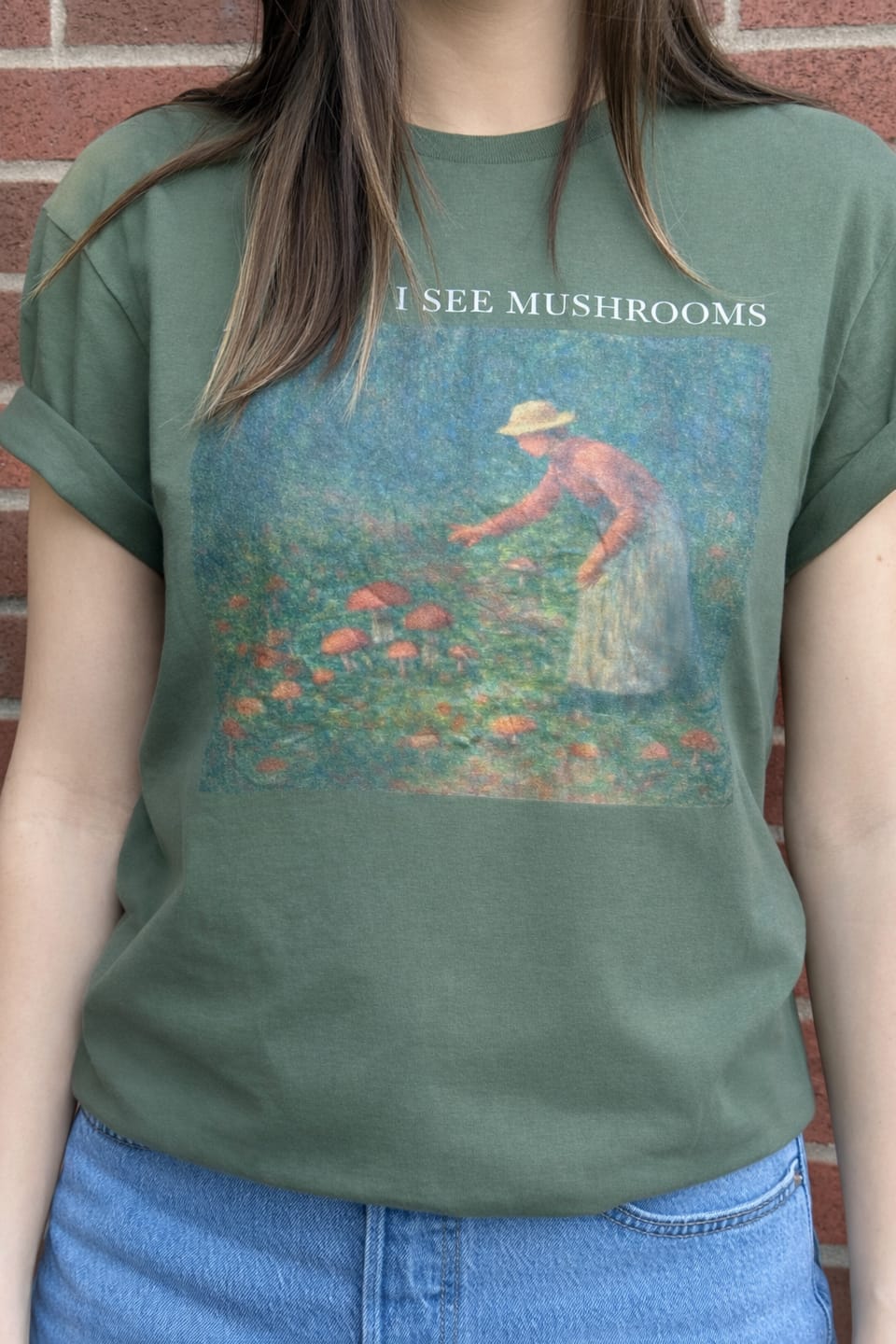 Customer photo review of Hold Up I See Mushrooms Shirt | Cottagecore Mushroom Gardener Gift