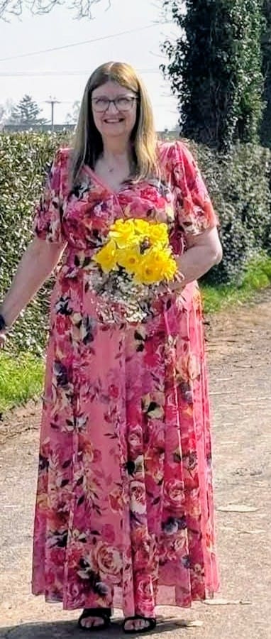 Customer photo review of Isabelle Pink Cerise Print Float Sleeve Maxi Dress