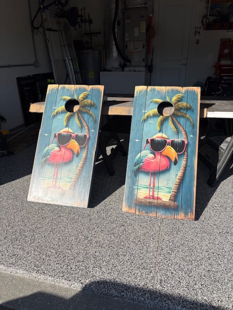 Customer photo review of Life's a Beach Flamingo - Cornhole Board Wrap - Set of 2