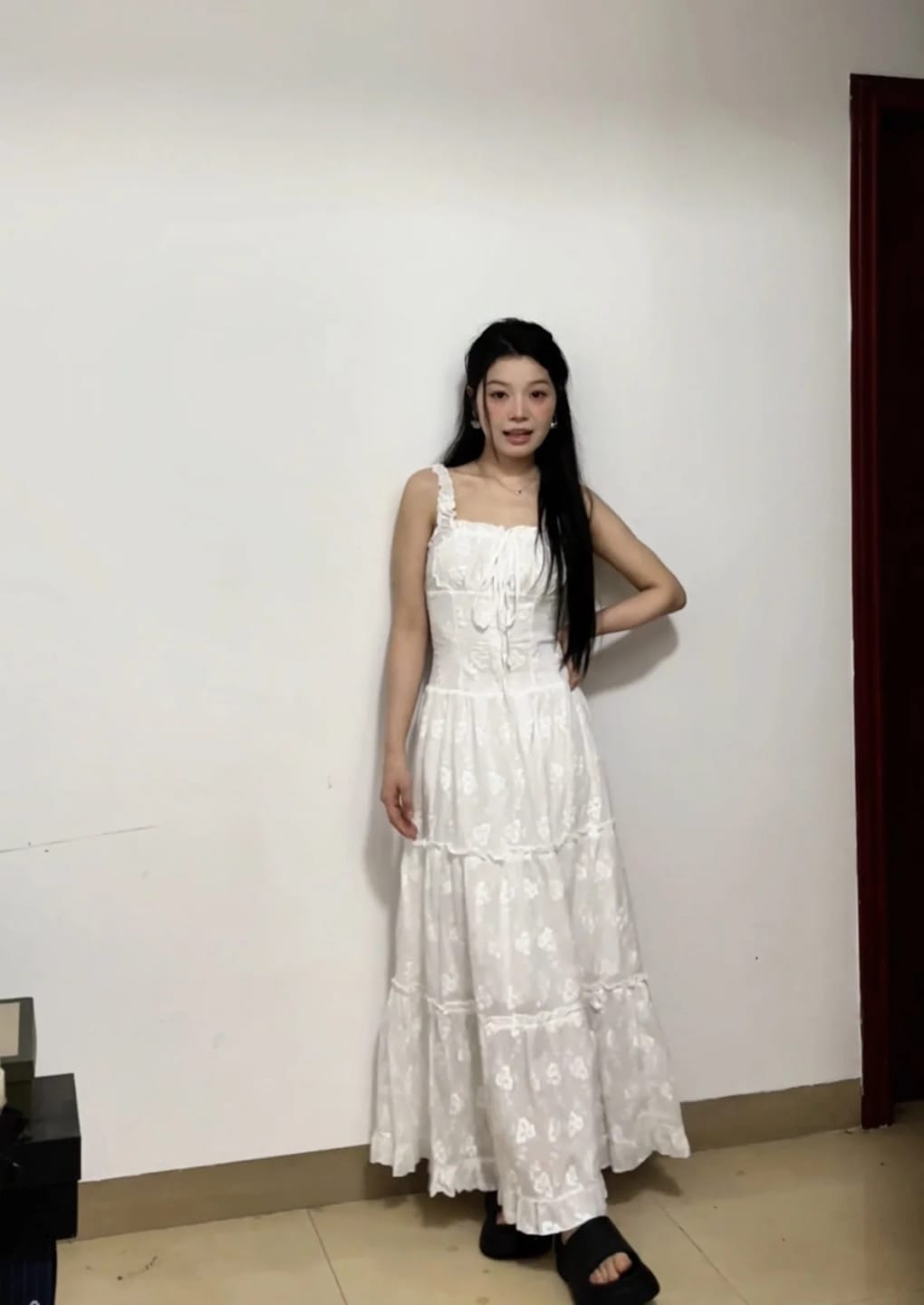 Customer photo review of Carly Ruffle Trim Tiered Maxi Dress
