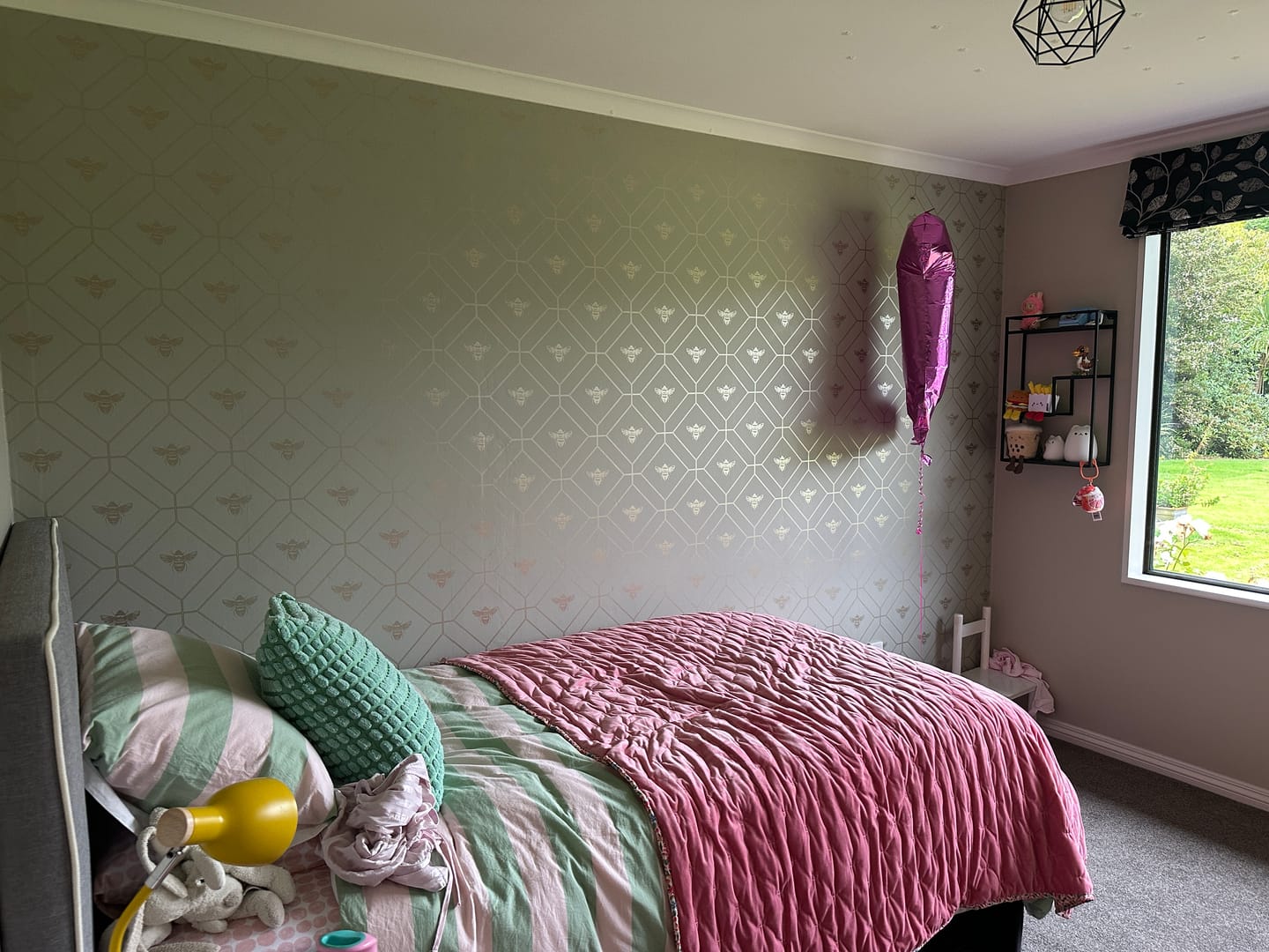 Customer photo review of Honeycomb Bee - Geometric Metallic Wallpaper - Sage Green
