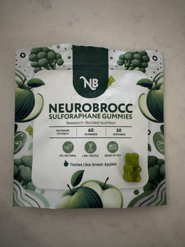 Customer's pouch of NeuroBrocc Gummies with a single green, bear-shaped gummy displayed next to it.