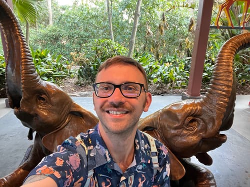 Reviewer smiling for a selfie in the Disney's Hercules 'Grecian Gallery' shirt, seated between two decorative elephant statues.