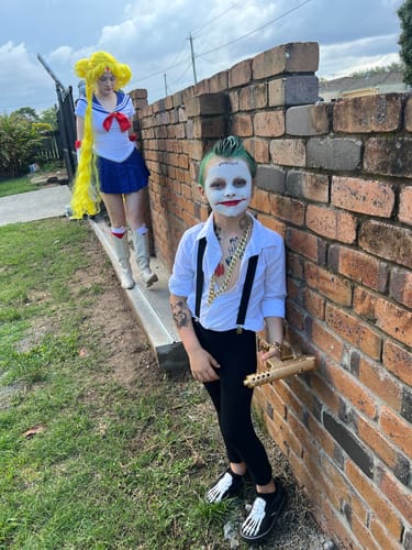 Customer's son in costume, using the Natural Sunscreen SPF 50 as white face paint for coverage and sun protection.