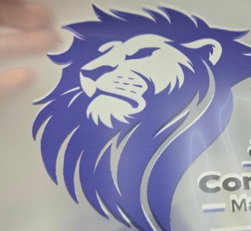 Customer's close-up of a clean purple lion graphic transfer made with the Super Soft Powder.
