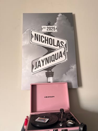 Customer's personalized 'Couples Date of Love' canvas showing street signs with the names 'Nicholas' and 'Jayniqua' and 'EST. 2025'.