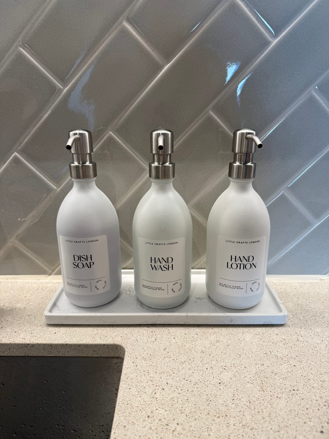 Customer photo review of Set of 3 Reusable Milky White Glass Bottles 500 ML with Metal Pump and Long Tray