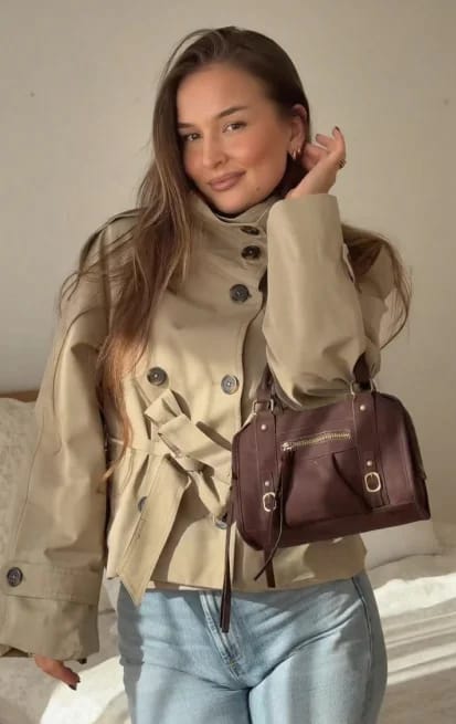 Customer photo review of Mara Stand Collar Crop Trenchcoat