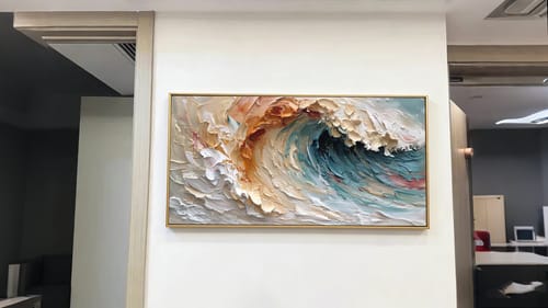 Customer photo review of Dreamtide-Textured Abstract Vertical Canvas Wall Art: Swirling Beige, Orange & Teal Brushstroke Decor for Modern Interiors