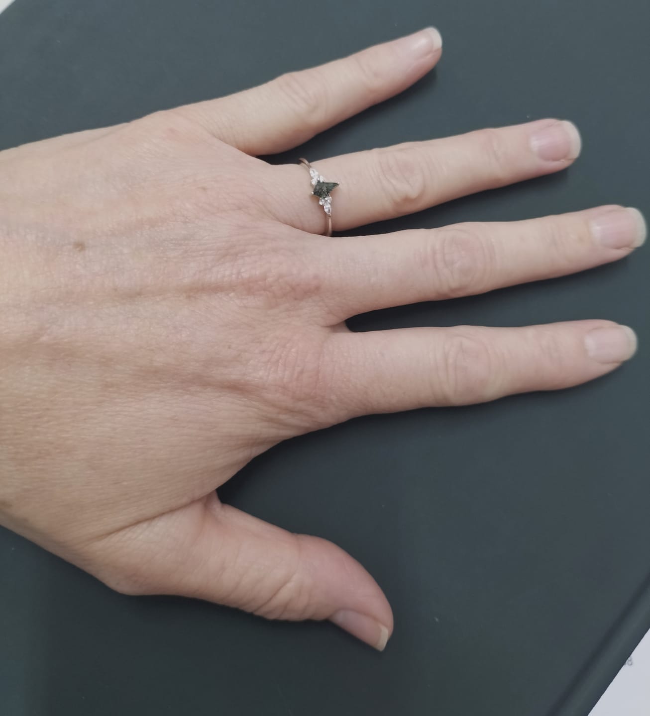 Customer photo review of The Moss Agate Kite Ring