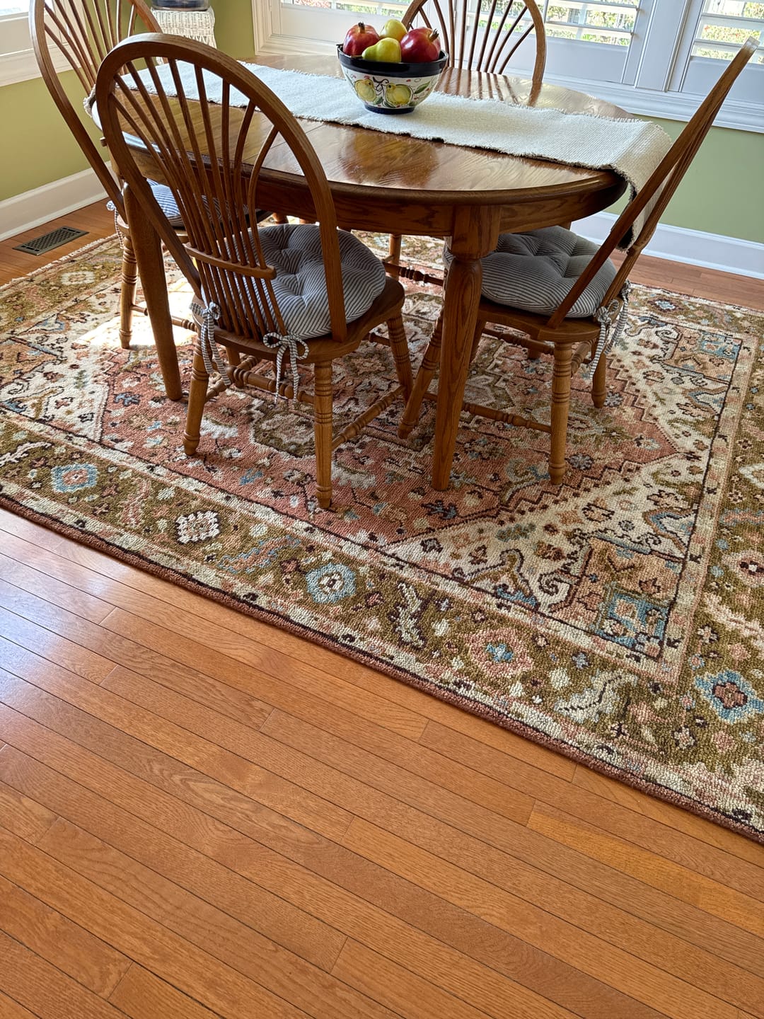 Customer photo review of Custom Made Vintage Style Olive, Rust and Ivory Hand knotted Traditional wool Area Rug
