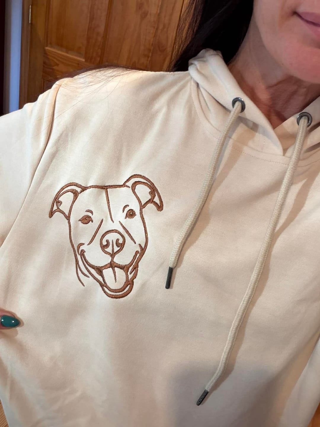 Customer photo review of Embroidered Pet Face and Pet Name on Sleeve Sweatshirt for Pet Lovers