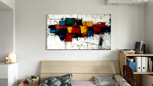 Customer photo review of Artful Chaos: Colorful Geometric Abstract Oil Painting - Bold Multicolor Wall Art, Modern Decor for Living Room Interiors