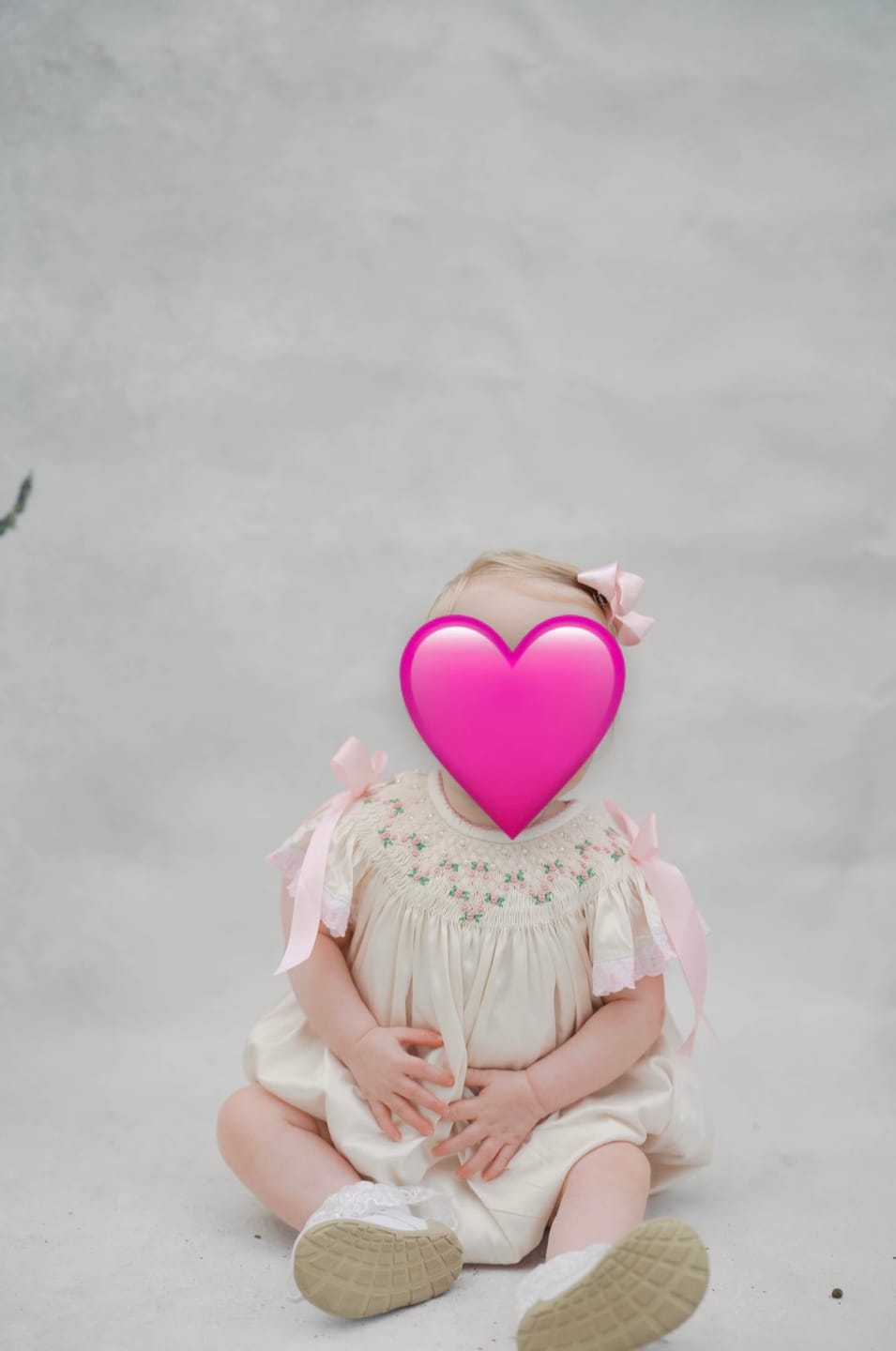 Customer photo review of Cream Satin Rosette & Pearls Smocked Bishop Bubble