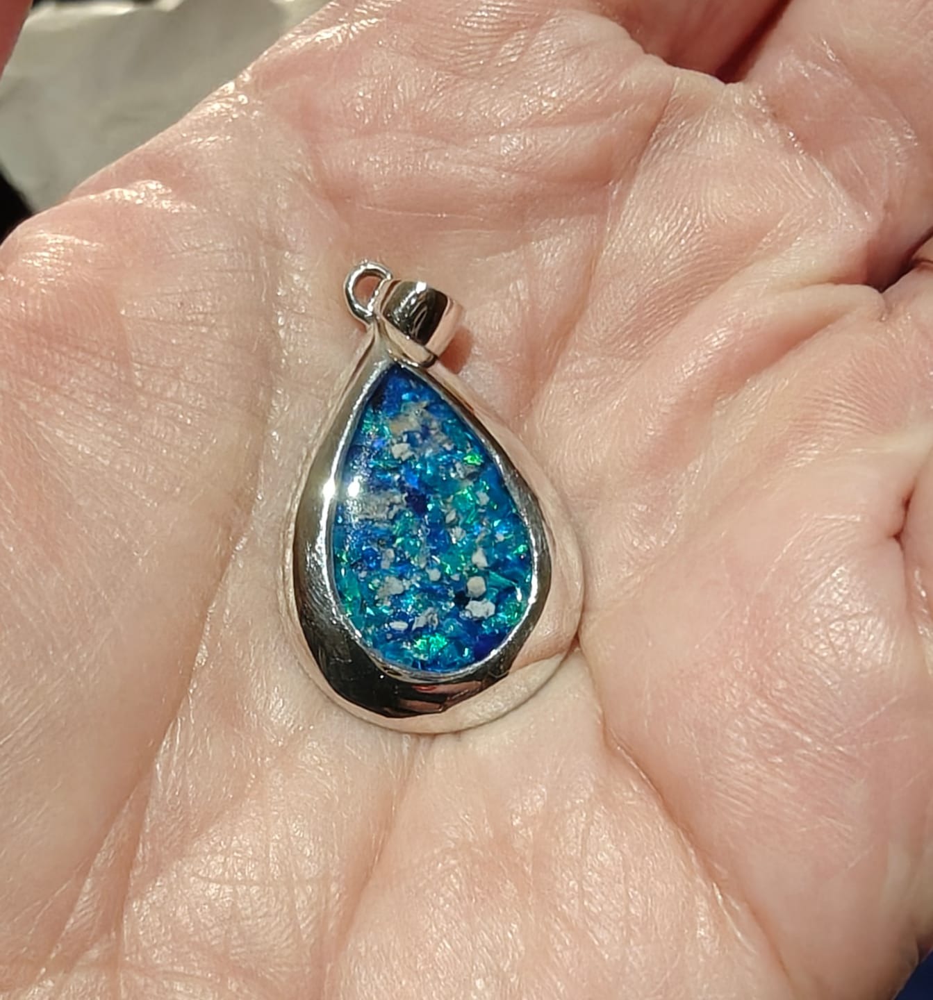 Customer photo review of Pear Drop Opal Cremation Pendant - Engravable