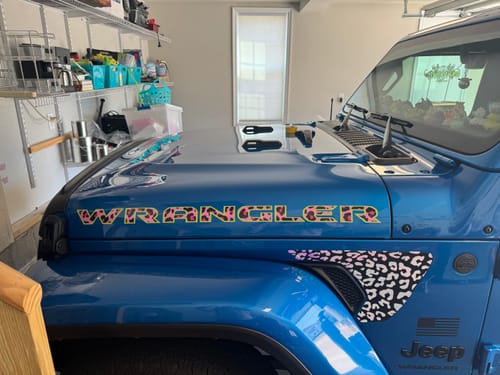 Customer photo review of Pink Cheetah Wrangler Hood Lettering