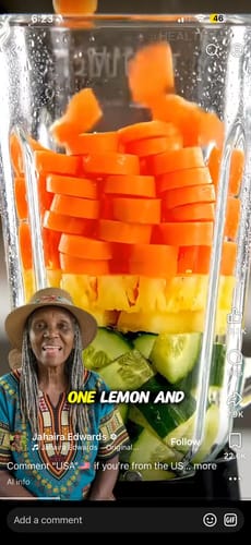 Customer's video for the Turmeric Fade & Glow Bar, showing healthy ingredients like carrots and pineapple in a blender.