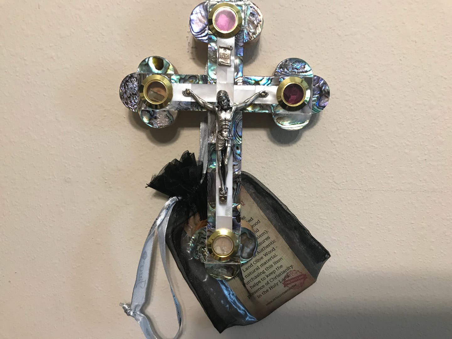 Customer photo review of Olive Wood Crucifix (Fully covered with Mother of Pearl) - Holy Land Crucifixes