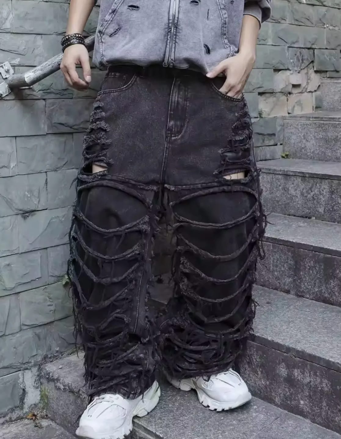 Customer photo review of Black Slashed Baggy Jeans