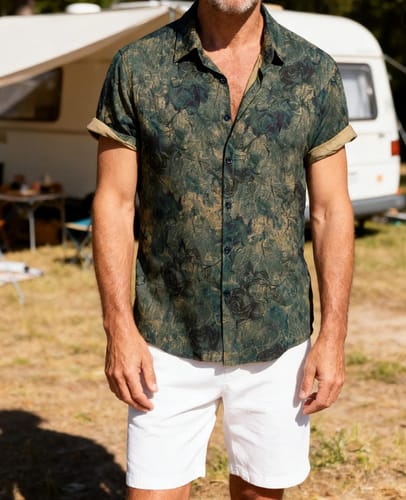 Customer photo review of Men's Rayon Green Rose Print Vintage Short Sleeve Shirt